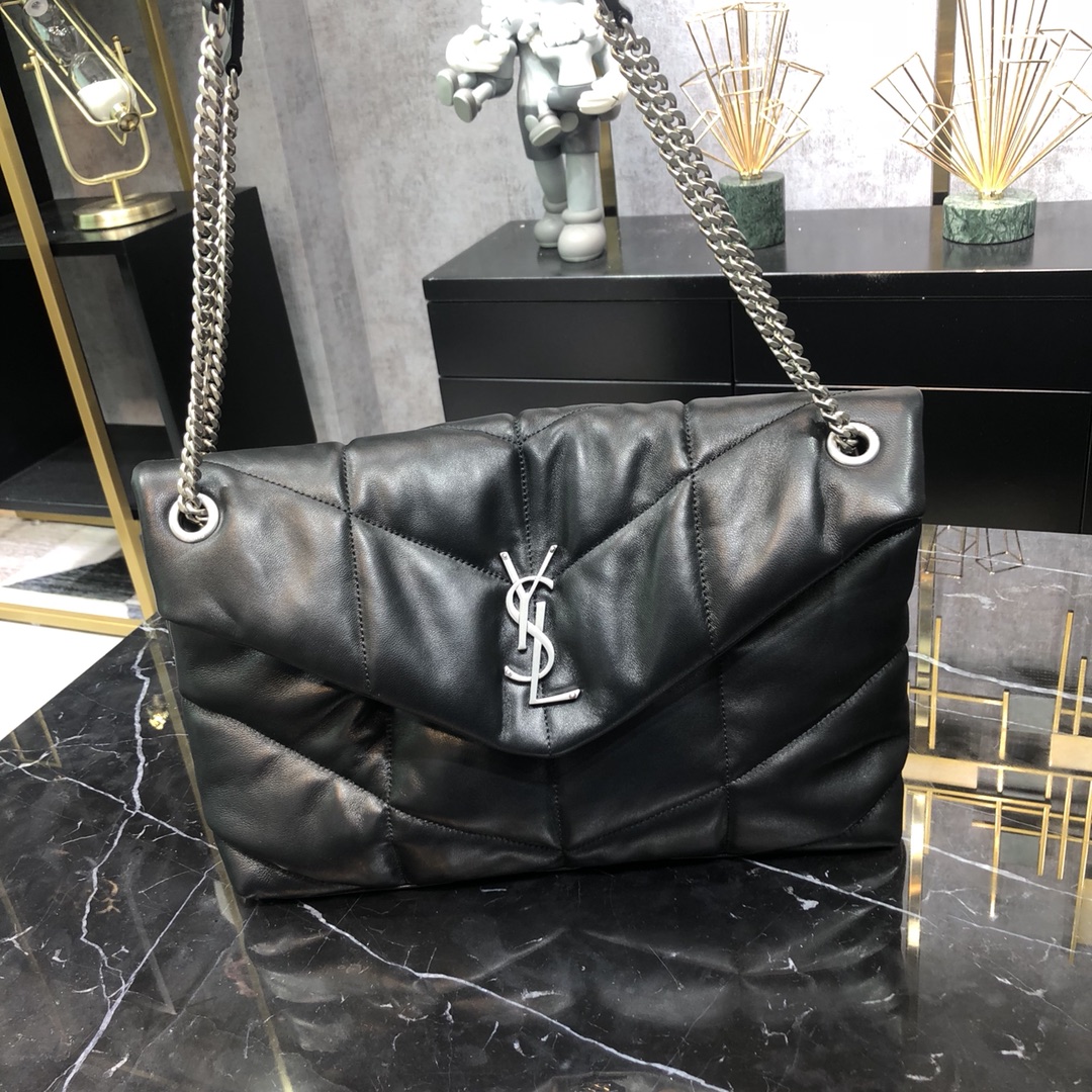 Saint Laurent Loulou Puffer Lambskin Shoulder Bag Handbag Black 577475 Silver